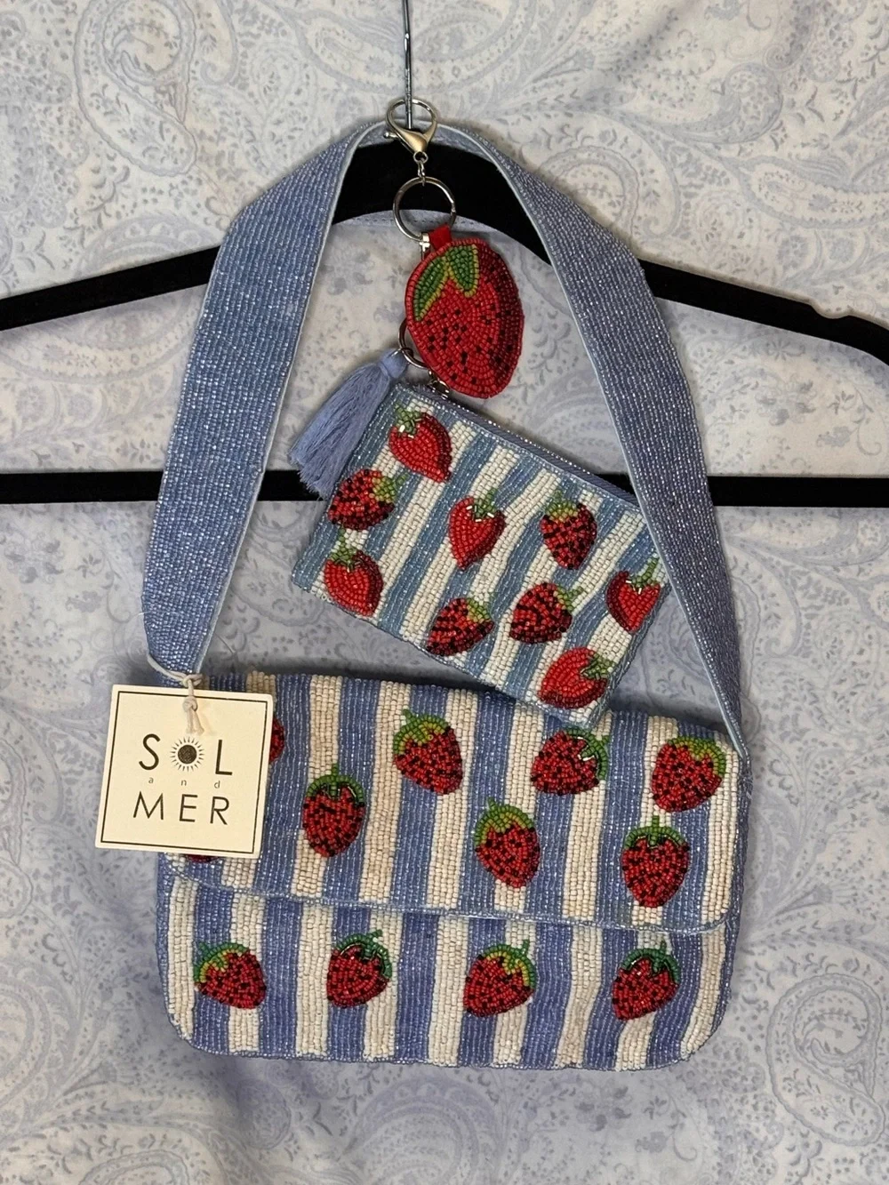 Sol and Mer Blue Striped Strawberry Beaded Shoulder Bag Matching Clip Pouch